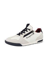 Herrensneaker in Grau und Weiß, mit einer glatten Lederoberfläche, strukturierten Details, schwarzen Schnürsenkeln und einer seitlichen Tasche mit Reißverschluss.