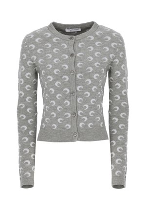 Cardigan grigio realizzato in tessuto morbido, caratterizzato da motivi a falce di luna bianchi, scollo rotondo, maniche lunghe e chiusura con bottoni sul davanti.