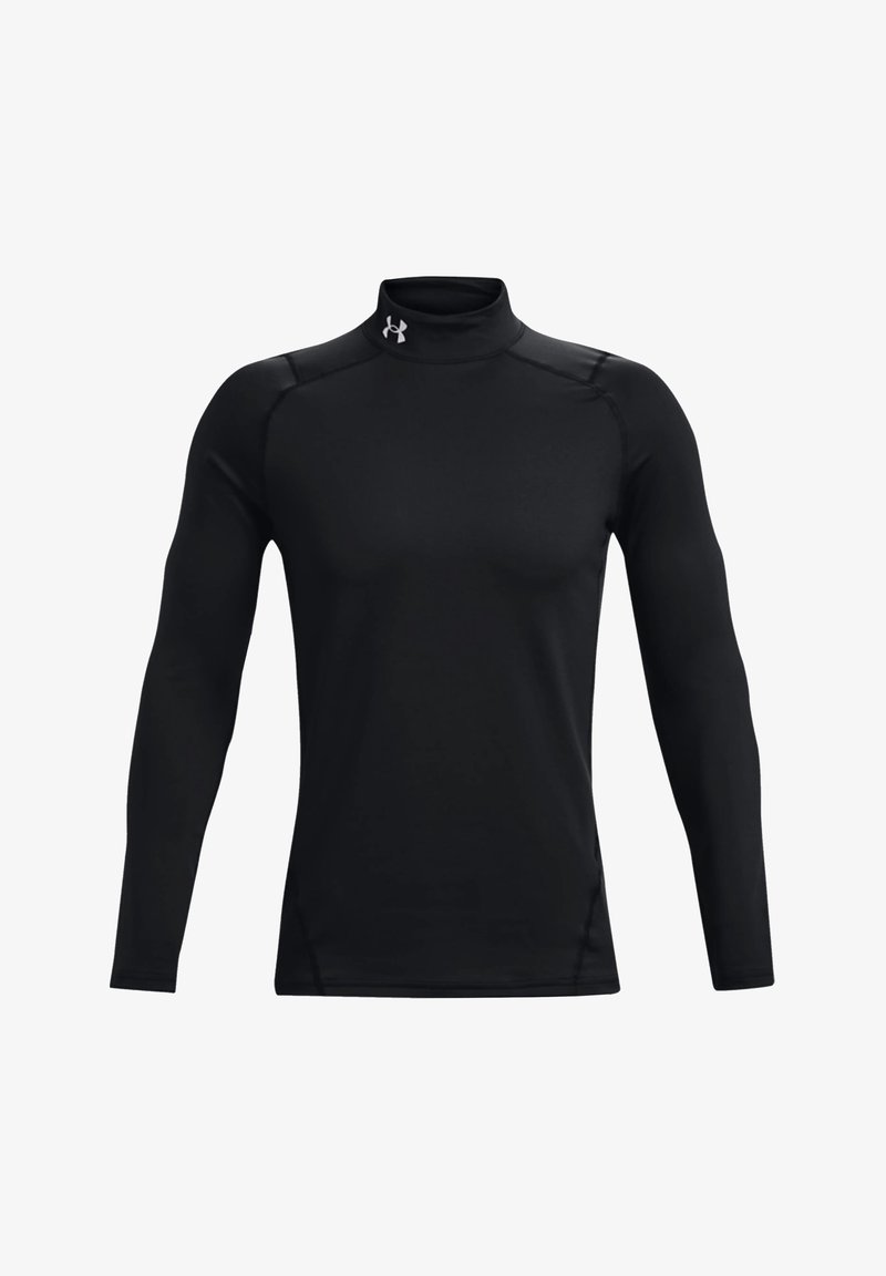 Black long-sleeve athletic shirt with a mock neck design, made from a smooth, stretchy material. Features flat seams and a logo at the collar.