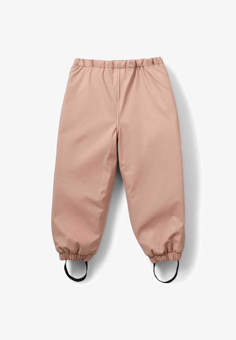 Rosa wasserdichte Hose mit elastischem Bund, gesammelten Bünden und schwarzen Schlaufen an den Säumen. Glattes, leichtes Material mit matter Oberfläche.