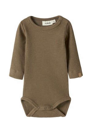 Brązowe prążkowane body z długim rękawem, okrągłym dekoltem i zatrzaskami na dole. Miękka w dotyku tkanina z metką na rękawie.