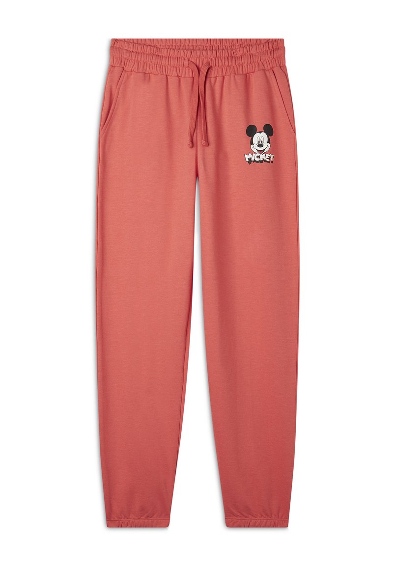 Pantalones de chándal color coral, hechos de una tela suave, con cintura elástica y cordón, bolsillos laterales y un gráfico de Mickey Mouse negro en la parte frontal.