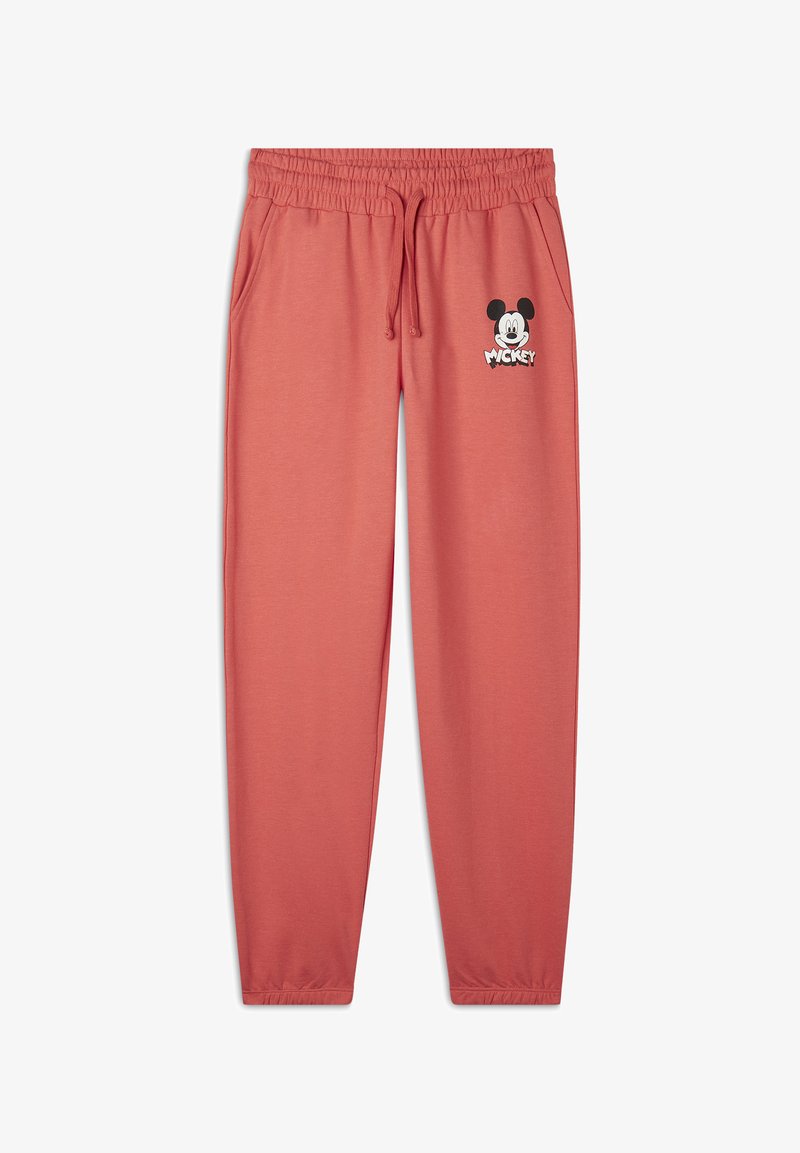 Pantalones de chándal color coral, hechos de una tela suave, con cintura elástica y cordón, bolsillos laterales y un gráfico de Mickey Mouse negro en la parte frontal.