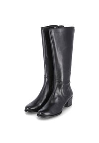 Zwarte leren laarzen tot de knie met een gladde textuur, minimale stiksels en een vierkante blokhak. Heeft een rits aan de zijkant voor gemakkelijk aan- en uittrekken.