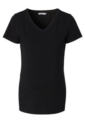 Camiseta negra de manga corta con diseño de escote en V, fabricada con un tejido suave y elástico. Sin patrones ni accesorios; textura lisa.