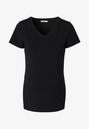 Zwarte T-shirt met korte mouwen en V-hals, gemaakt van zachte, rekbare stof. Geen patronen of hardware; gladde textuur.