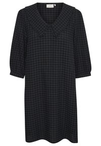 Vestido de gingham negro con un gran collar con volantes, mangas tres cuartos y un ajuste relajado. Fabricado con una tela ligera.