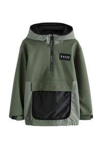 Giacca a pullover verde con cappuccio, dotata di una tasca frontale in rete nera, toppe con marchio e polsini elasticizzati. Tessuto dalla texture liscia.