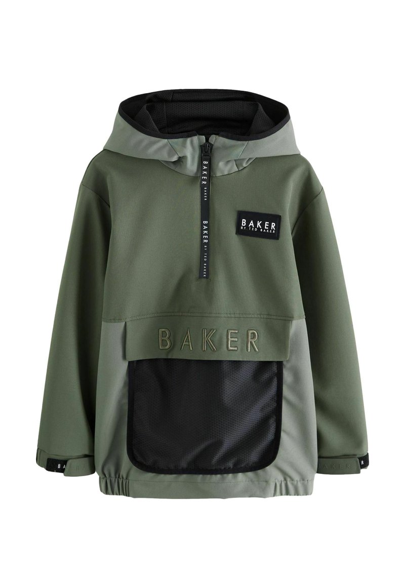Giacca a pullover verde con cappuccio, dotata di una tasca frontale in rete nera, toppe con marchio e polsini elasticizzati. Tessuto dalla texture liscia.