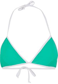 Turkizni bikini zgornji del s trikotno zasnovo, belimi robovi, nastavljivimi vezalkami in gladko teksturo. Primeren za uporabo kot kopalke.