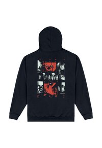 Czarna bluza z kapturem z grafiką na plecach, z czerwonymi i białymi akcentami oraz obrazami twarzy, z napisem „COME BACK AND PLAY.”