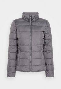 Chaqueta acolchada gris con cuello alto, costuras horizontales, cremallera frontal y dos bolsillos laterales. Fabricada con un material sintético ligero y suave.