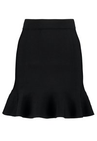 Falda negra con cintura ajustada y dobladillo acampanado. Confeccionada en un tejido liso con una textura sutil, presenta una silueta limpia y estilizada.