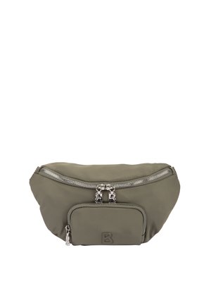 Riñonera verde oliva con dos compartimentos con cremalleras plateadas, un bolsillo frontal más pequeño con el logo "B" en la parte frontal.