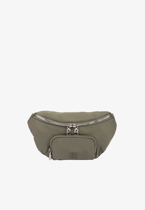 Olivově zelená ledvinka se dvěma stříbrnými kapsami na zip, jedna menší přední kapsa s logem "B" na přední straně.