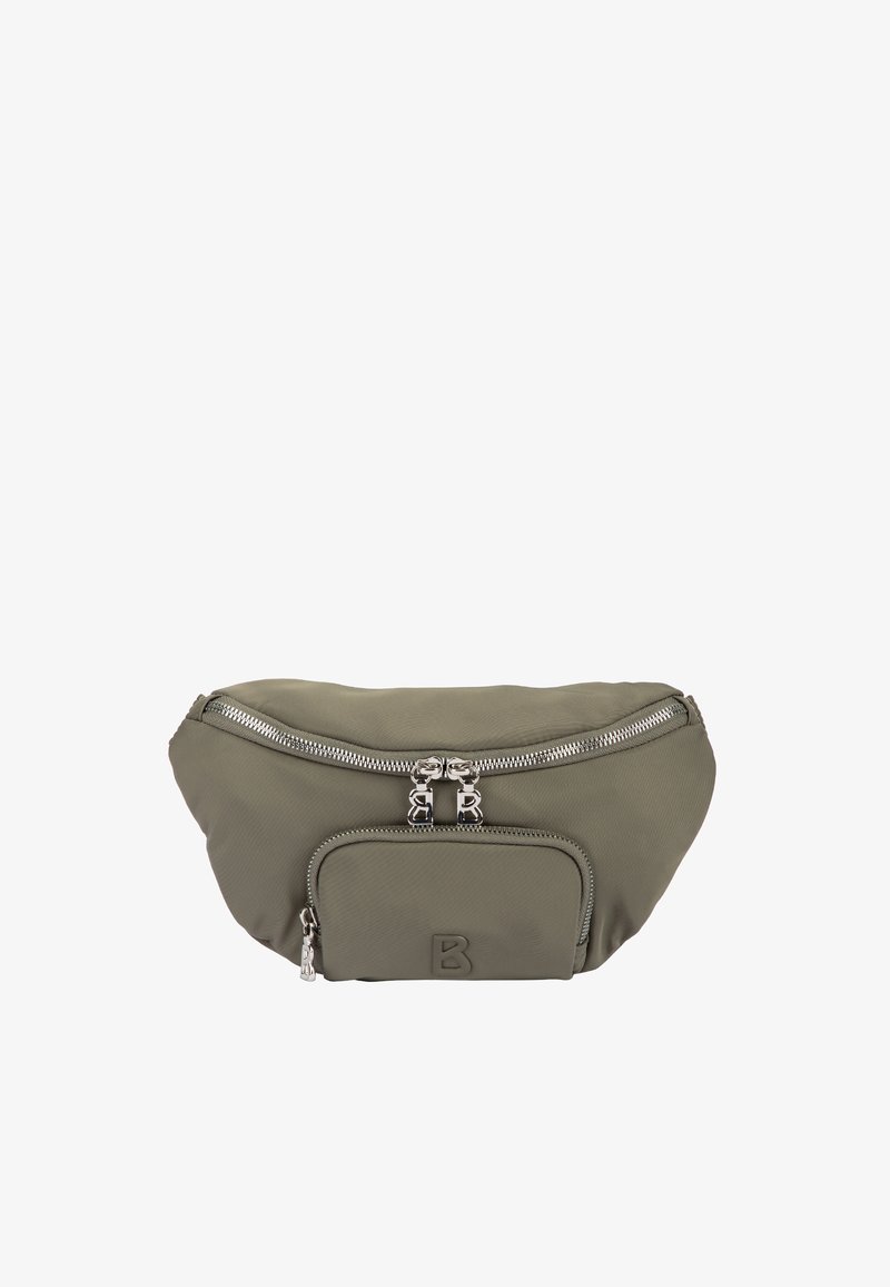 Sac banane vert olive avec deux compartiments à fermeture éclair argentés, une petite poche avant avec le logo "B" sur le devant.