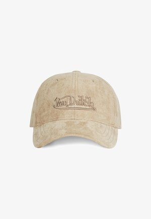 Casquette de baseball en daim marron clair avec logo brodé "Von Dutch" au centre avant, visière incurvée et trous de ventilation.