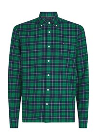 Groene en marineblauwe geruite overhemd met lange mouwen en een button-down kraag, voorzien van witte knopen en een klein logo op de borst.