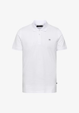 Biely polo tričko vyrobené z bavlny. Má klasický golier, tri gombíky na zapínanie, krátke rukávy a jemné logo vyšité na hrudi.