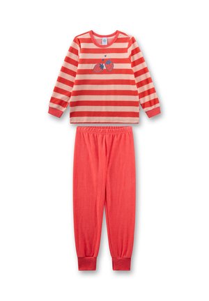 Zweiteiliges Kinder-Pyjama-Set mit rot-rosa gestreiftem Oberteil mit Erdbeermotiven und einfarbigen, roten Hosen mit elastischem Bund.