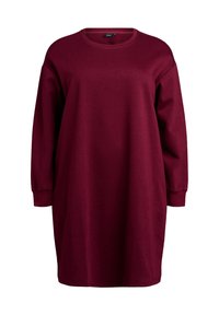 Abito maglione oversized bordeaux con maniche lunghe, scollatura rotonda e texture morbida, caratterizzato da una vestibilità comoda e dettagli minimi.
