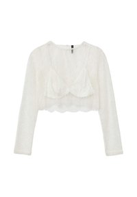 Weißes Spitzen-Crop-Top mit langen Ärmeln, das einen gewellten Saum und ein geschichtetes Bustier-Design aufweist. Weiche Textur mit floralem Muster.