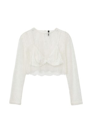 Top corto bianco in pizzo con maniche lunghe, caratterizzato da un orlo scallop e un design a strati nel busto. Texture morbida con un motivo floreale.