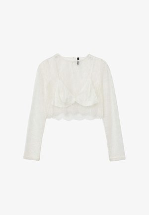 Weißes Spitzen-Crop-Top mit langen Ärmeln, das einen gewellten Saum und ein geschichtetes Bustier-Design aufweist. Weiche Textur mit floralem Muster.