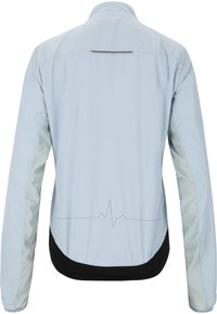 Helle blaue Jacke mit glatter Oberfläche, Netzseitenteilen und schwarzem Saum. Verfügt über ein dezentes Herzschlaglinien-Grafikdesign auf dem Rücken.