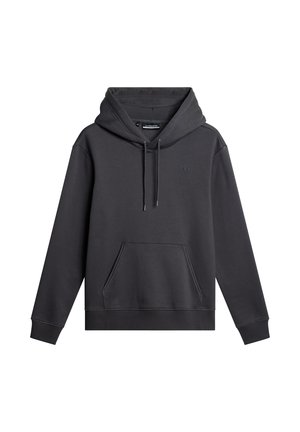 Dark gray hooded sweatshirt made of soft fabric, featuring a kangaroo pocket, ribbed cuffs, and adjustable drawstrings for the hood.