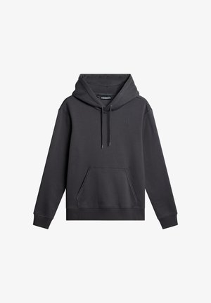 Tummanharmaa huppari, joka on valmistettu pehmeästä kankaasta. Siinä on kengurupocket, ribbed-hihat ja säädettävät nyörit hupussa.