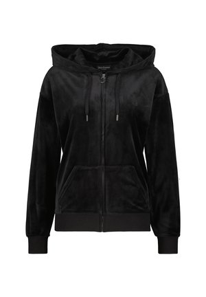 Schwarze Kapuzenjacke mit Reißverschluss aus weichem Samtstoff. Verfügt über zwei Fronttaschen und gerippte Bündchen für eine enge Passform.
