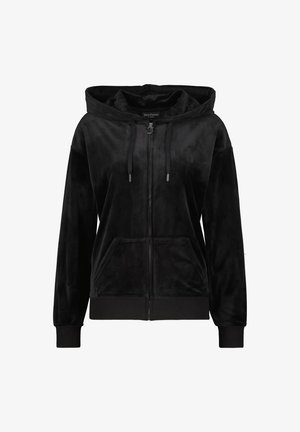 Czarna, zapinana na zamek bluzka z kapturem, wykonana z miękkiego materiału welurowego. Posiada dwie przednie kieszenie oraz ściągacze na rękawach dla lepszego dopasowania.