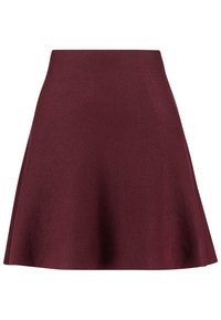 Bordeaux kleurige uitlopende rok van een zachte, gestructureerde stof met een aansluitende tailleband, met een gladde afwerking en zonder patronen of versieringen.