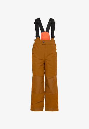 Bruine skibroek met verstelbare zwarte bretels en een oranje paneel. Voorzien van versterkte kniestukken en een tailleknopsluiting.