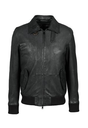 Black leather jacket with a collared neck, zip closure, and ribbed cuffs. Features two side pockets and a subtle sheen.