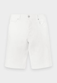 Fehér farmer rövidnadrág egyenes szabással. Elöl zsebekkel és fém gombbal záródik. Sima textúra és varrott részletek jellemzik.