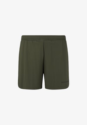 Grønne atletiske shorts lavet af letvægtsstof, med en elastisk talje og et lille mærkeloft på venstre underkant.