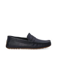 Náměstí kožené loafers v námořnické barvě se šitým akcentovým pruhem, gumovou podrážkou a hladkým povrchem. Zaoblený design špičky a decentní logo na patě.