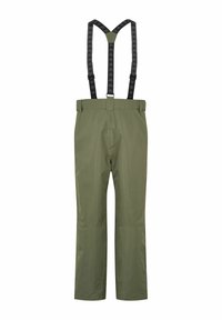 Zielone oliwkowe wodoodporne spodnie z regulowanymi czarnymi szelkami, posiadające subtelny wzór, płaską talię i luźne nogawki.