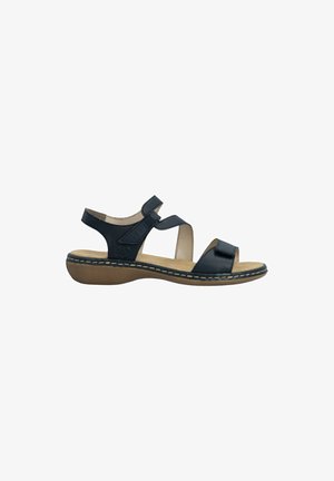 Black leather open-toe sandal with adjustable ankle and front straps, cushioned sole, and slight heel for comfort and support.
