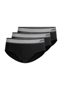 Schwarze enganliegende Unterwäsche im Dreierpack, mit einem grauen elastischen Bund mit dem Markennamen, aus glattem Stoff und im klassischen Schnitt.