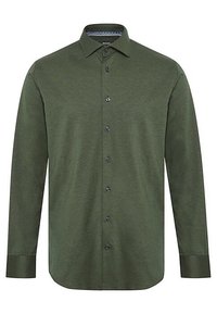 Camicia verde a maniche lunghe realizzata in tessuto testurizzato con bottoni sul fronte e bottoni scuri. Presenta un design del colletto interno a contrasto.