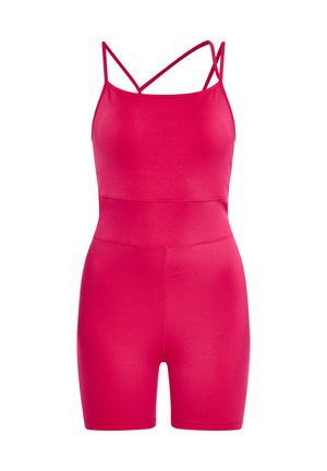 Priliehavý, jasne ružový overal s tenkými, krížovými ramienkami a vysokým pásom, ktorý má hladkú textúru a štíhlu siluetu.