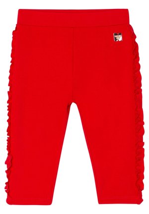 Hellrote Kinderleggings mit gerafften Seitenähten und einem kleinen Markenpatch an der oberen linken Hüfte.