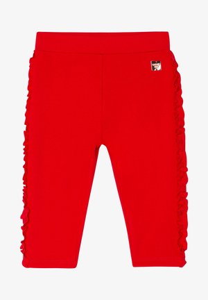 Hellrote Kinderleggings mit gerafften Seitenähten und einem kleinen Markenpatch an der oberen linken Hüfte.