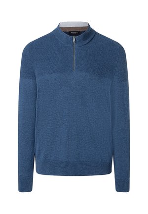 Pánský modrý pletený svetr s polozipem a jemně ribbovanou texturou na horní části hrudníku, manžetách a ve spodním lemu.