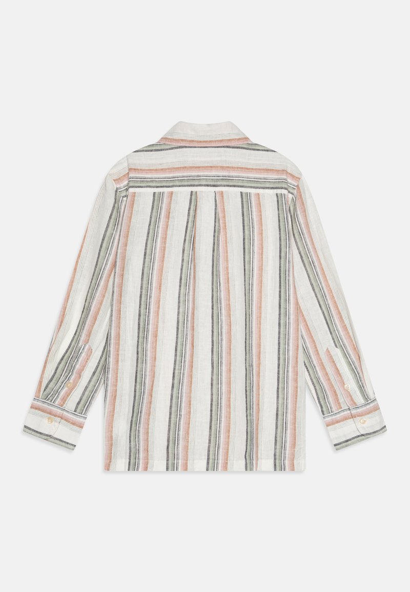 Chemise à boutons rayée en tissu léger, présentant des rayures verticales en orange, vert et noir sur un fond crème clair.