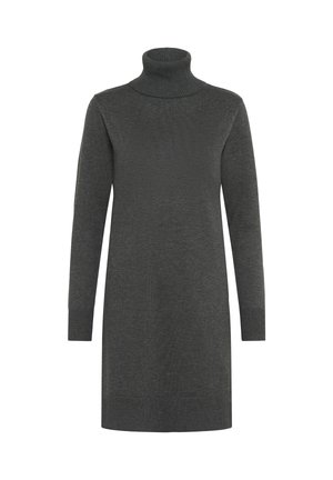 Abito maglione grigio scuro a collo alto con maniche lunghe, texture a costine e polsini aderenti. Caduta a metà coscia con un taglio dritto.
