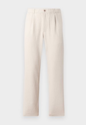 Beige trousers with an elastic waistband and button at the front, featuring a straight-leg design and a smooth, textured fabric.